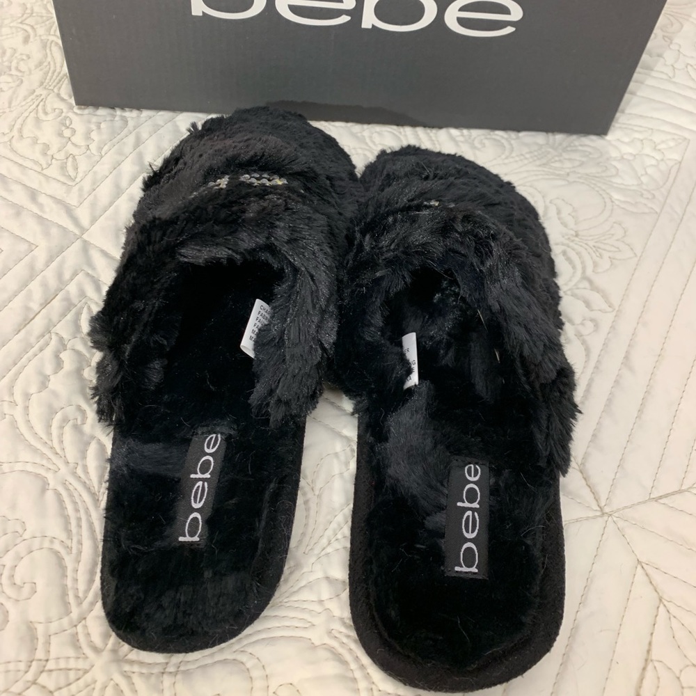 NWB BEBE BLACK FAUX FUR SLIPPERS - Picture 6 of 7